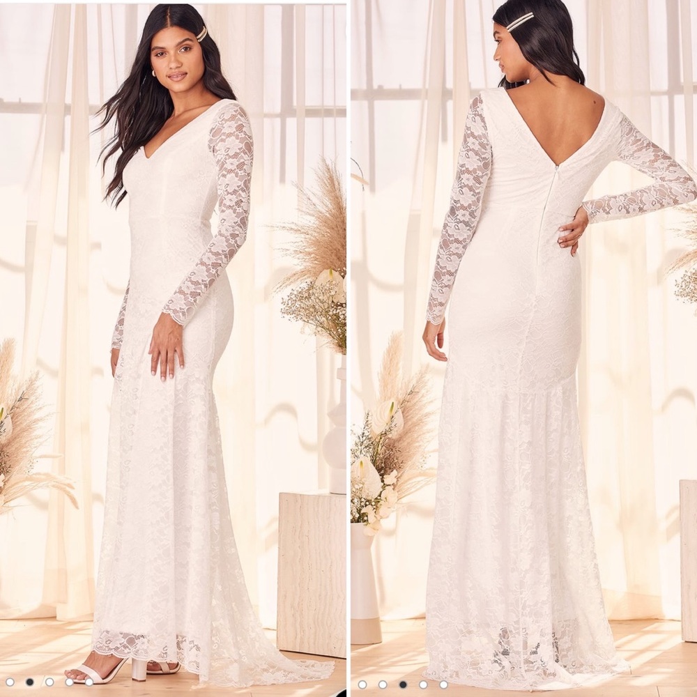 SOLD Lulus Lace Long Sleeve Mermaid Maxi Wedding Dress White Size Small NWT
